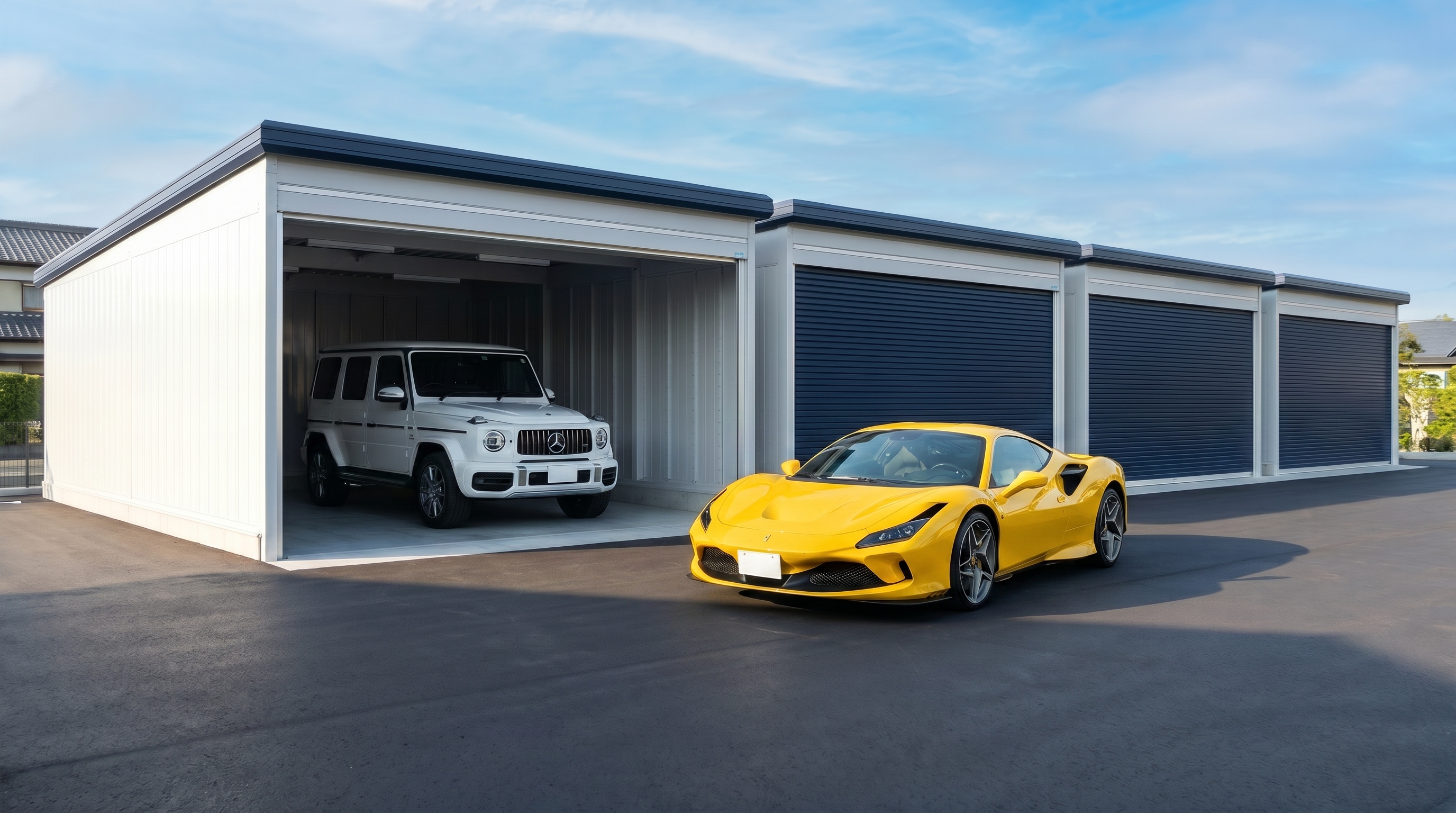 さくら屋レンタルガレージ 山川拠点 - スーパーカー(フェラーリ)とメルセデスAMG G63が並ぶ4連棟ガレージ外観(栃木県足利市)