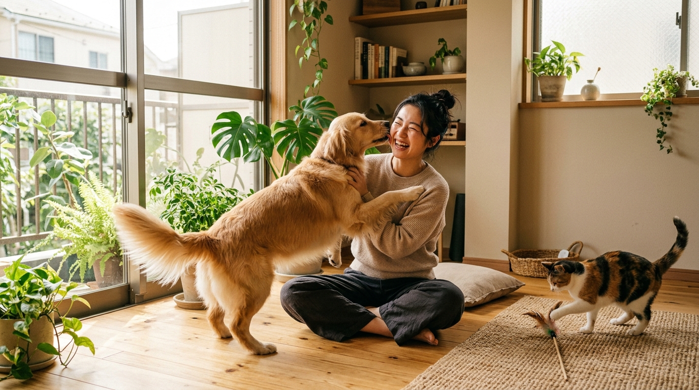 ペットと飼い主が笑顔で過ごす温かい部屋